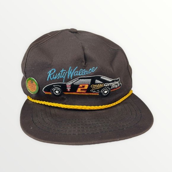 stange Other - Vintage Rusty Wallace Miller Nascar Racing Brown Snapback Cap Hat Rope Detail